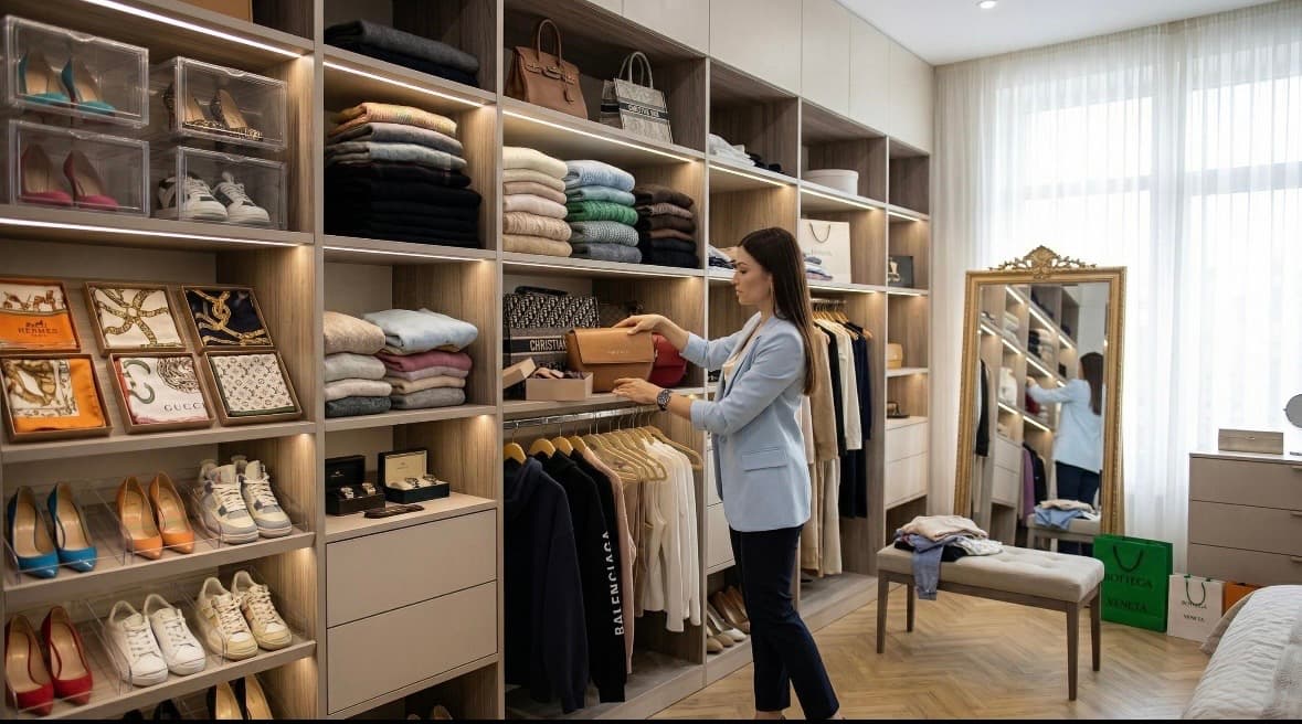 A woman arranges clothes on shelves in a walk-in wardrobe.